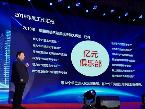 程力汽車集團(tuán)總經(jīng)理程阿羅向大會作主題演講報(bào)告，并全面部署2020年工作計(jì)劃。 程力集團(tuán)公司總經(jīng)理向年會報(bào)告2019年工作完成情況，以及2020年主要工作任務(wù)和集團(tuán)“四五”規(guī)劃及長遠(yuǎn)規(guī)劃的有關(guān)情況。 他講到，剛剛過去的2019年，程力公司面臨國內(nèi)外汽車市場低迷的不利形勢，集團(tuán)廣大干部職工團(tuán)結(jié)一心，發(fā)揚(yáng)頑強(qiáng)拼搏、銳意進(jìn)取的精神，用汗水詮釋責(zé)任，實(shí)干篤定前行，使集團(tuán)公司的生產(chǎn)經(jīng)營實(shí)現(xiàn)了逆勢上揚(yáng)。程力專汽全年產(chǎn)值突破60億元，同比增長20%，出口創(chuàng)匯3050萬美元，上交稅金6468萬元，底盤銷售突破2萬臺